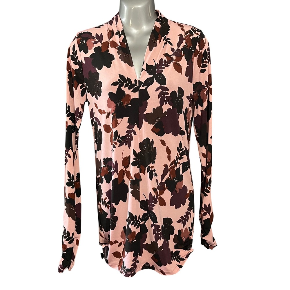 A Pea in the Pod Floral Print Maternity Top Blouse V-Neck Pink Black Medium